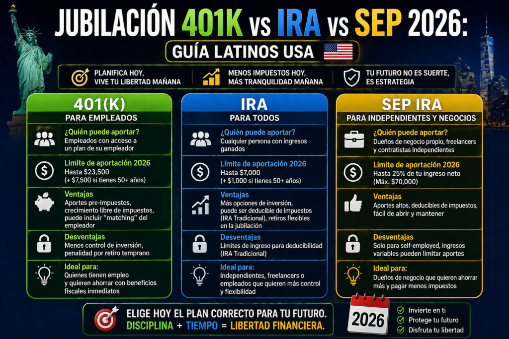 Jubilación 401K vs IRA vs SEP 2026