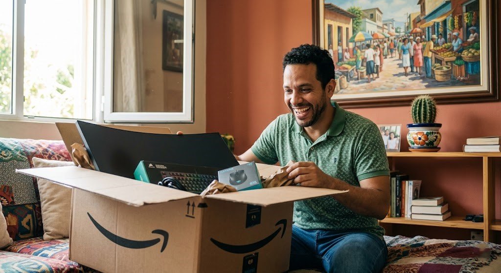 Latino abriendo paquete de Amazon USA recibido por casillero virtual en su país