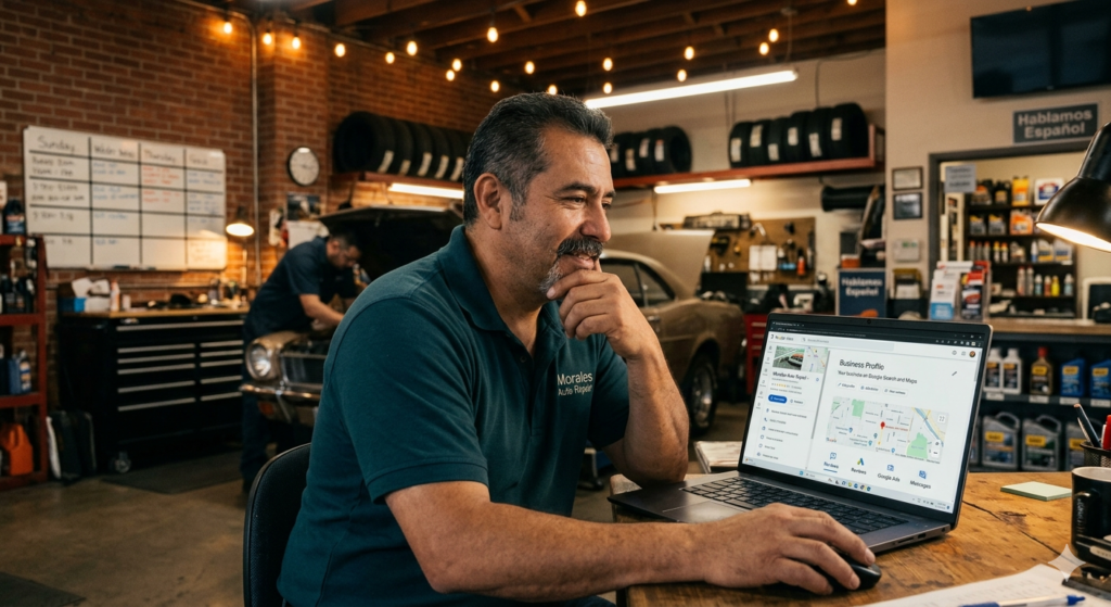 Emprendedor latino en USA registrando su negocio en Google Maps desde laptop