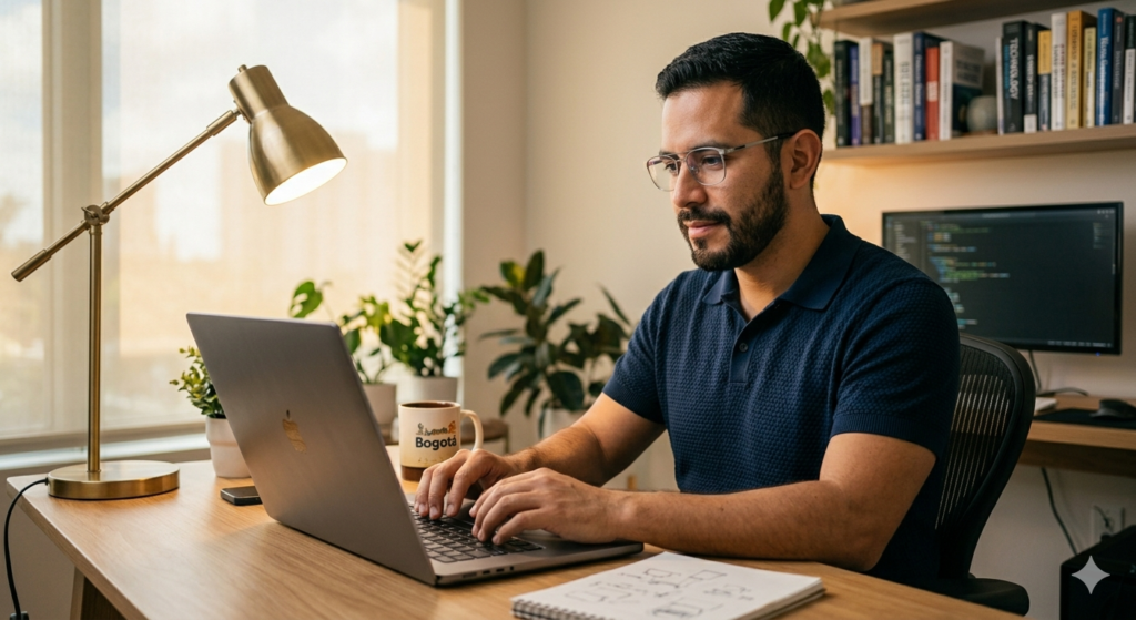 Latino usando ChatGPT para escribir correos profesionales en inglés en USA