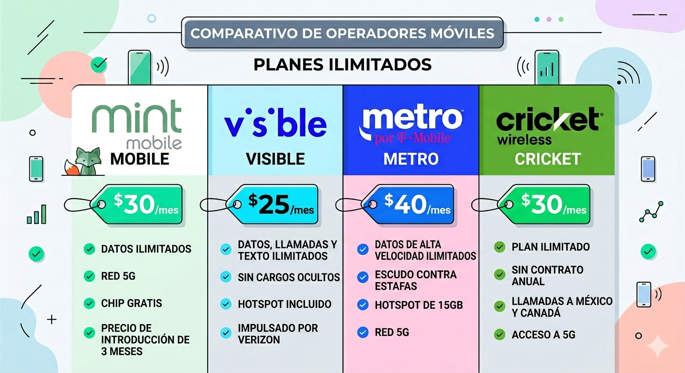 Comparativa planes prepago Mint Mobile Visible Metro Cricket para latinos en USA