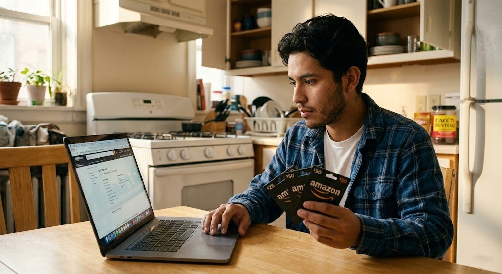 Latino recién llegado comprando en Amazon USA con gift cards sin tarjeta de crédito americana
