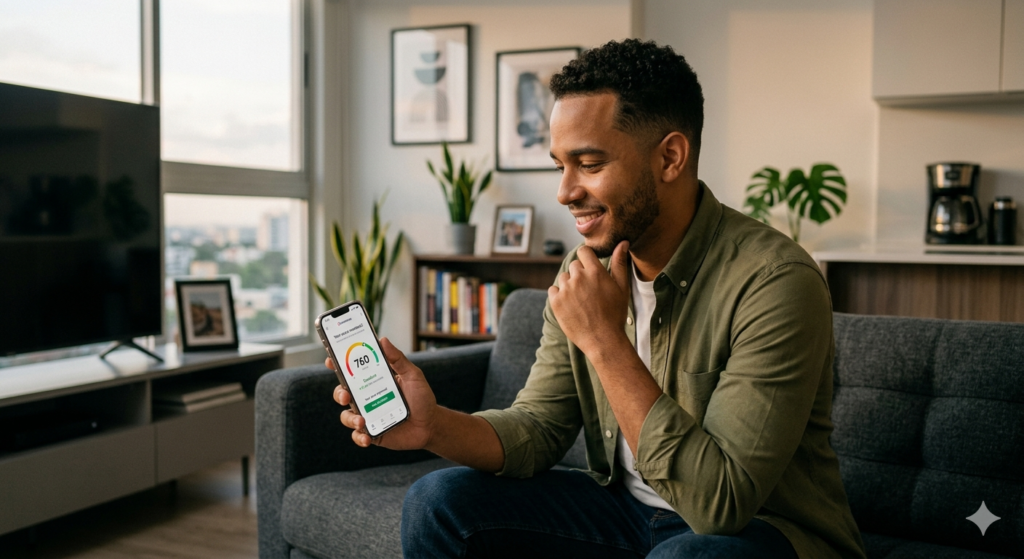 Latino construyendo crédito en Estados Unidos con apps de credit builder