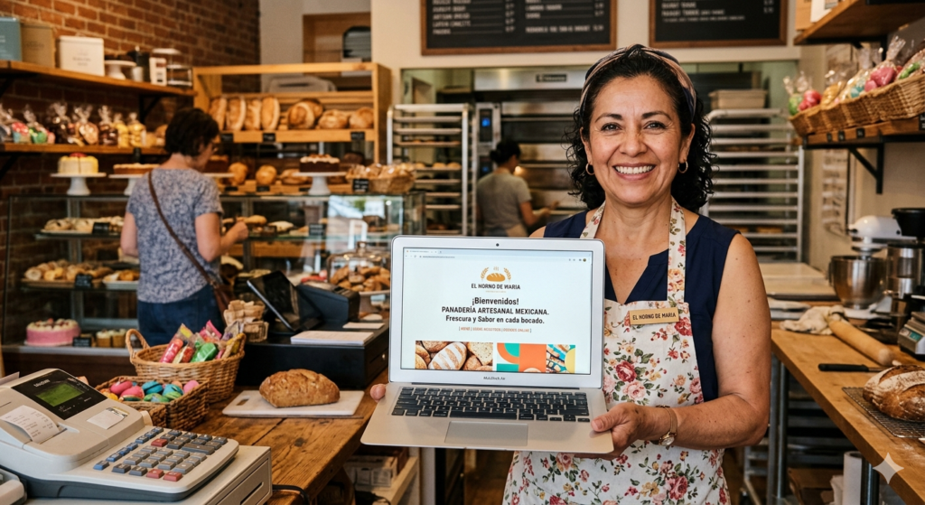 Emprendedor latino en USA mostrando su nueva página web de negocio creada gratis