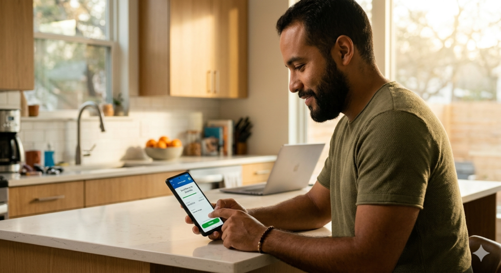 Latino en Estados Unidos enviando remesas a Latinoamérica desde su celular con apps de transferencia