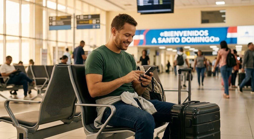  Latino activando eSIM internacional en aeropuerto de Santo Domingo al llegar desde USA