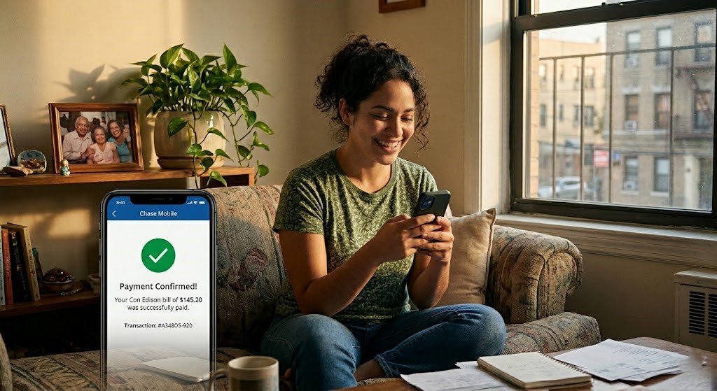 Latina recién llegada a USA pagando factura desde su celular con app bancaria