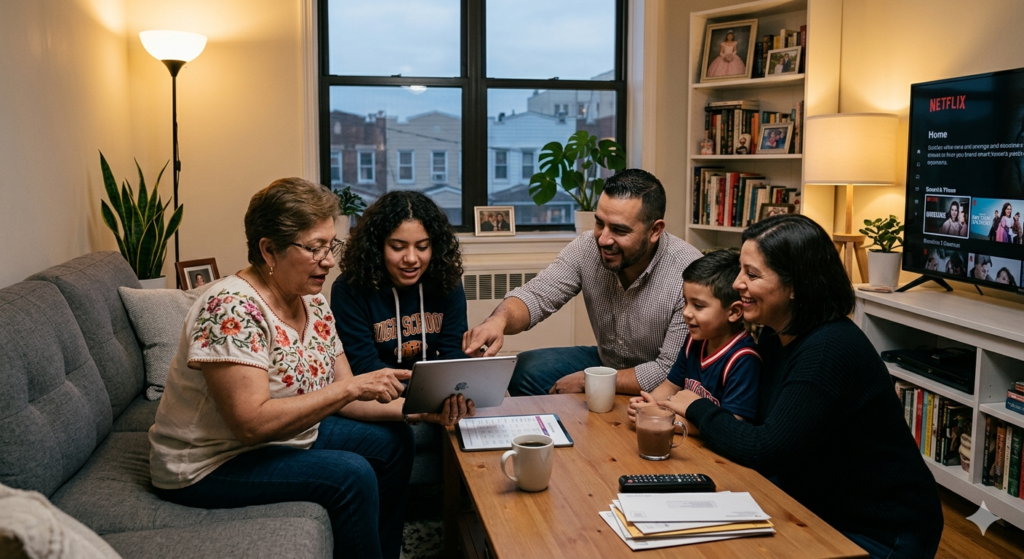 Familia latina en USA comparando planes de celular prepagados sin contrato
