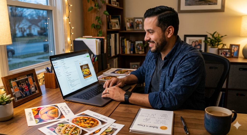 Emprendedor latino creando publicidad en Facebook Ads para su negocio local en USA