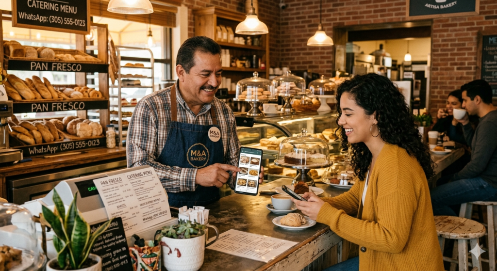 Emprendedor latino mostrando catálogo de WhatsApp Business a un cliente en USA