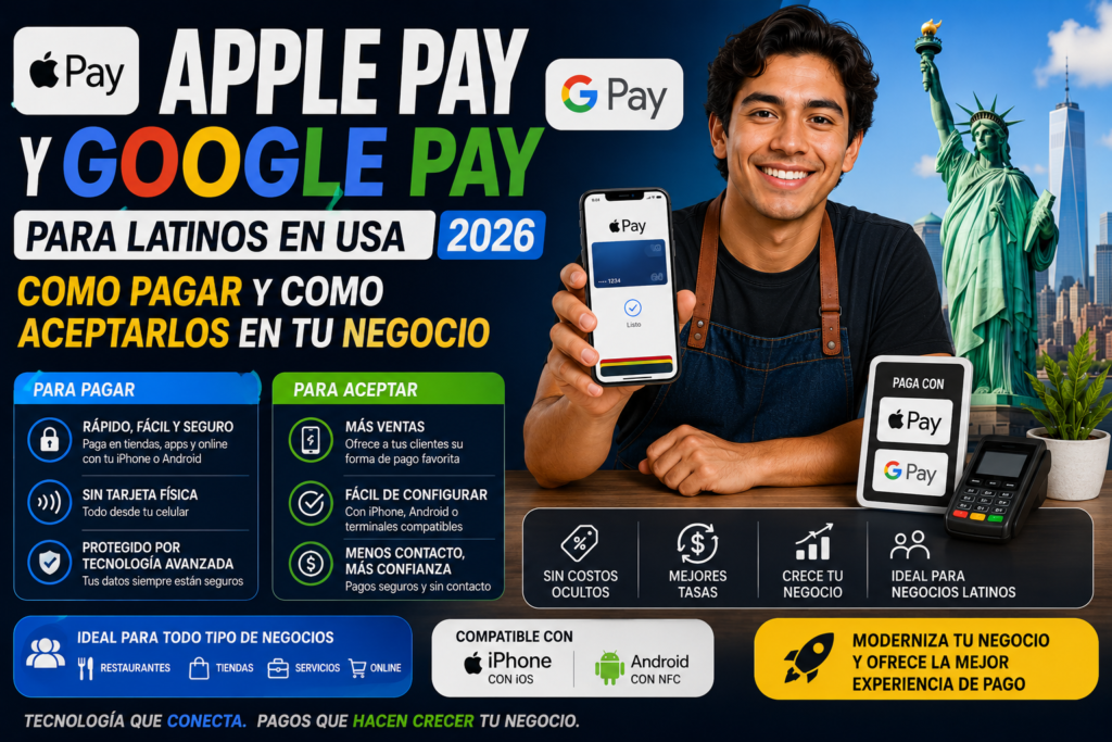 Apple Pay y Google Pay para Latinos en USA 2026: Como Pagar y Como Aceptarlos en tu Negocio