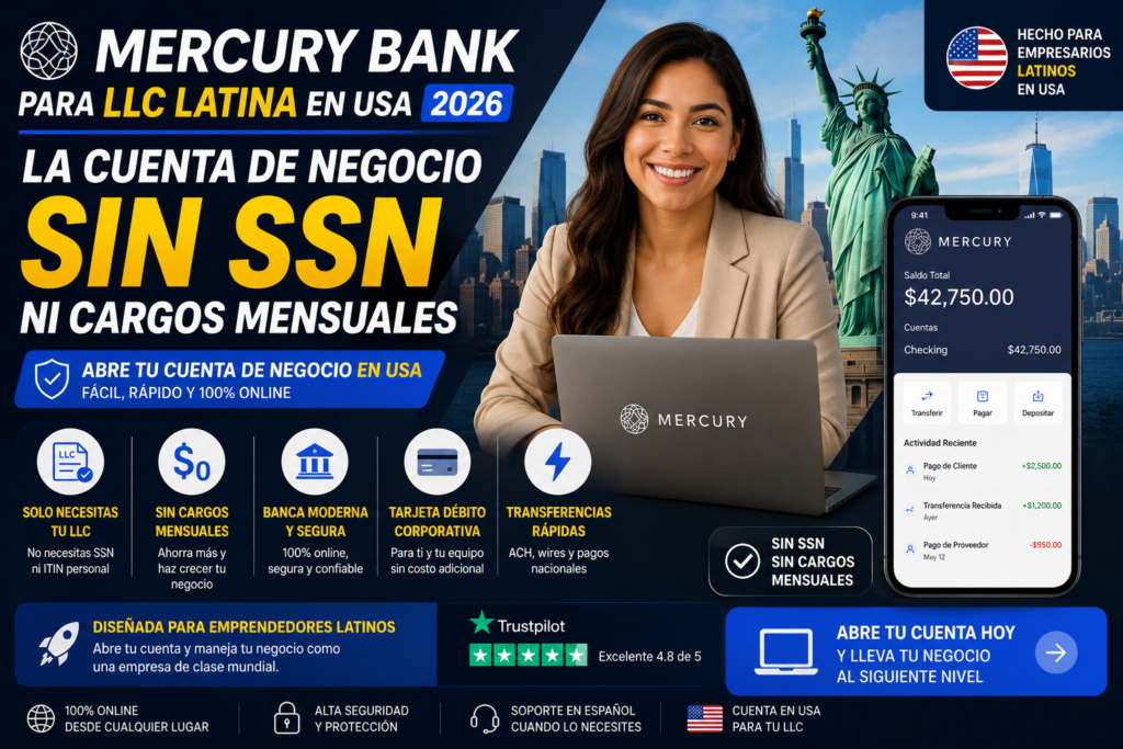 Mercury Bank para LLC Latina en USA 2026: La Cuenta de Negocio sin SSN ni Cargos Mensuales