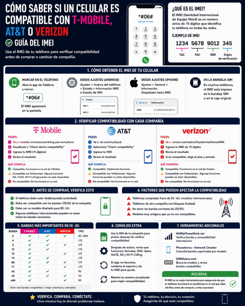 Cómo saber si un celular es compatible con T-Mobile, AT&T o Verizon (guía del IMEI)