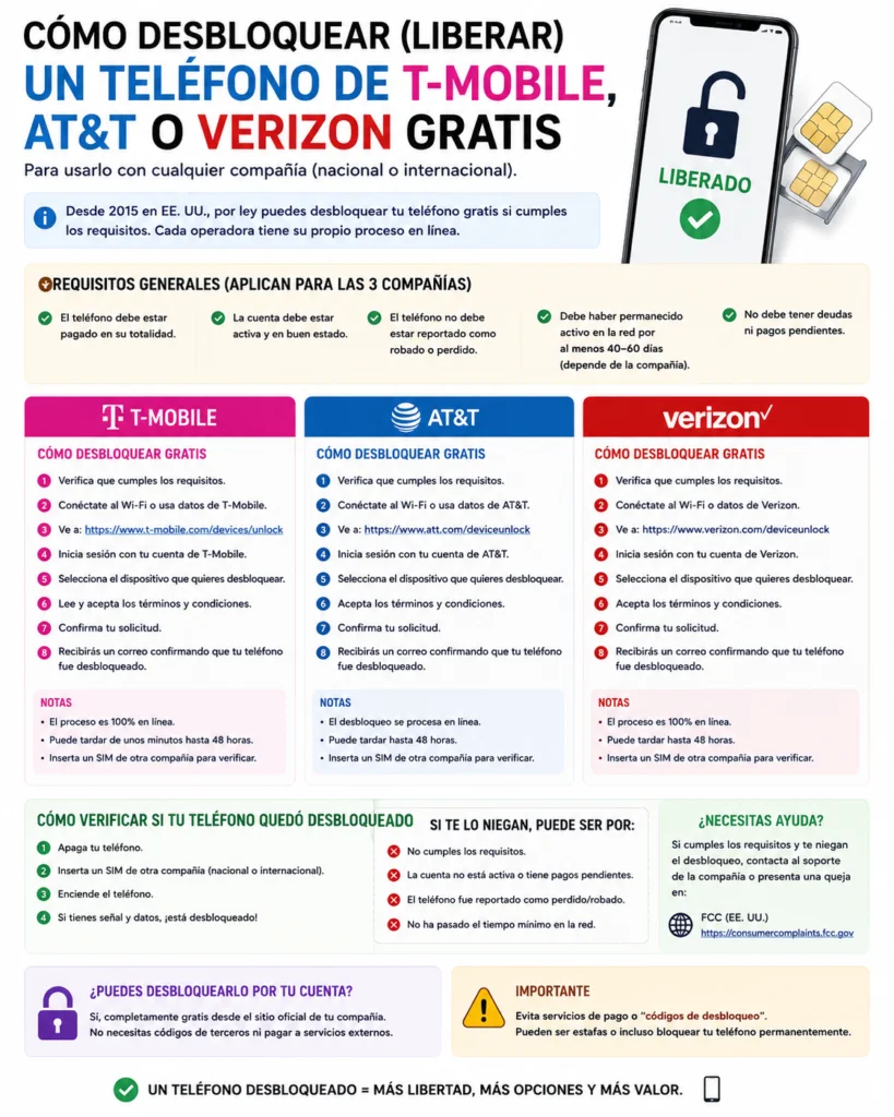 Cómo desbloquear (liberar) un teléfono de T-Mobile, AT&T o Verizon gratis
