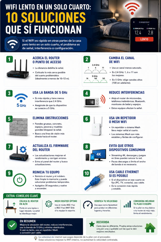 WiFi lento en un solo cuarto: 10 soluciones que sí funcionan