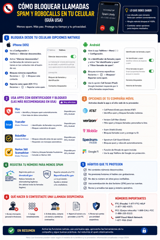 Cómo bloquear llamadas spam y robocalls en tu celular (guía USA)