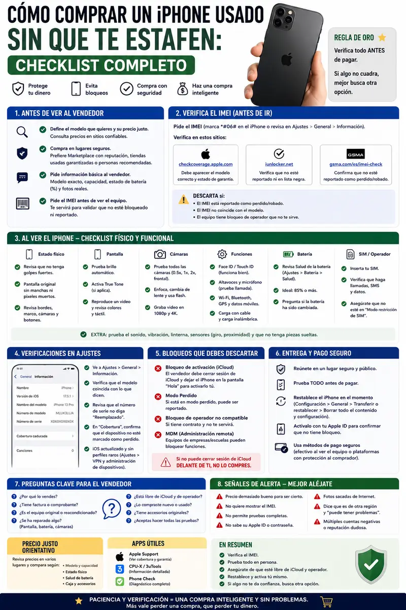 Cómo comprar un iPhone usado sin que te estafen: checklist completo