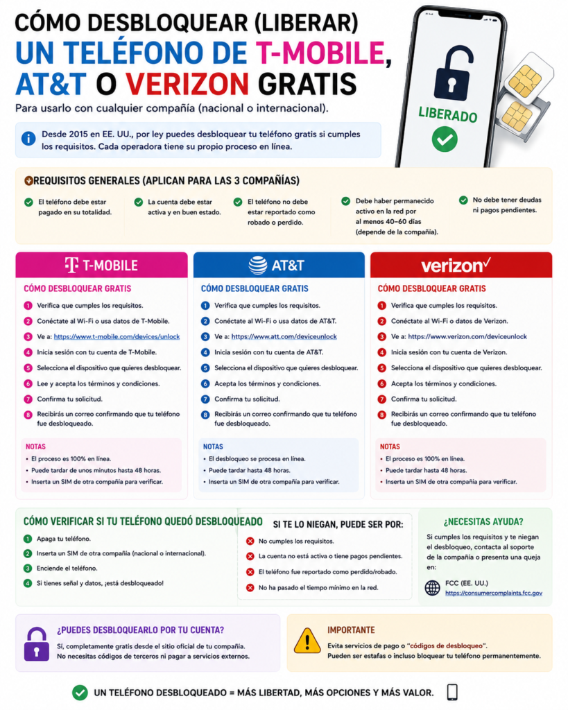 Cómo desbloquear (liberar) un teléfono de T-Mobile, AT&T o Verizon gratis

