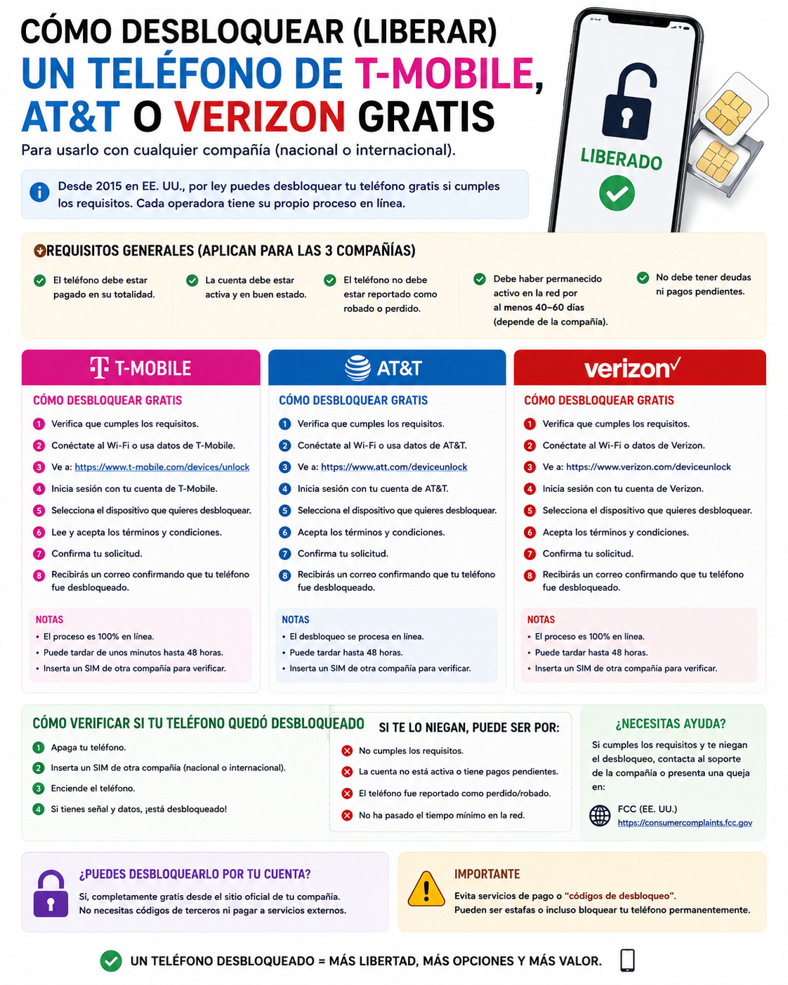 Cómo desbloquear (liberar) un teléfono de T-Mobile, AT&T o Verizon gratis